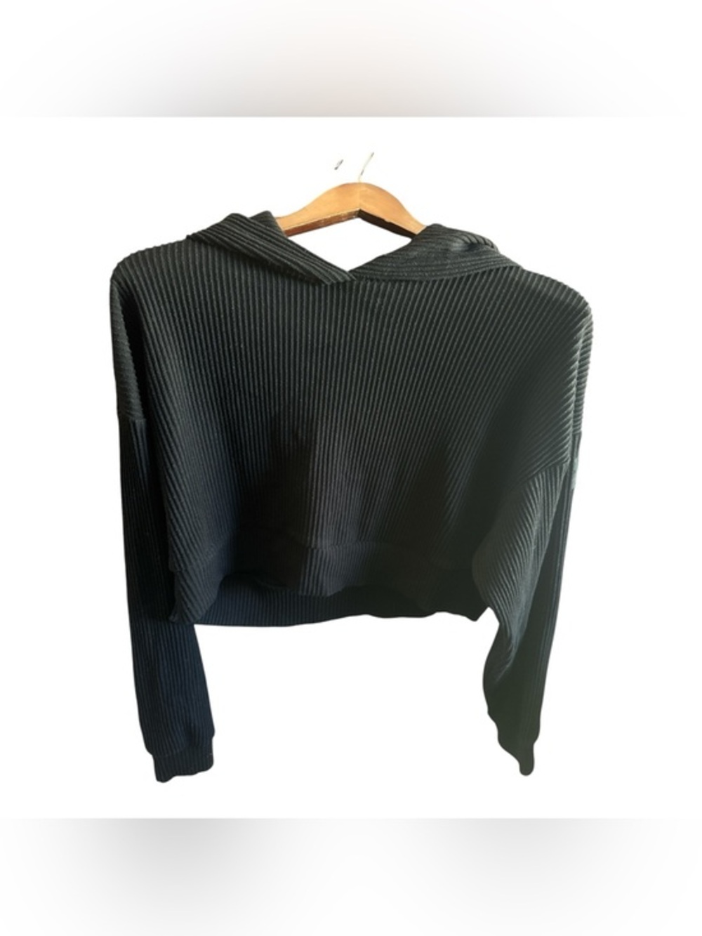 ALO Yoga Cropped Ribbed Hoodie - Black Casual Workout Loungewear Size Small Top